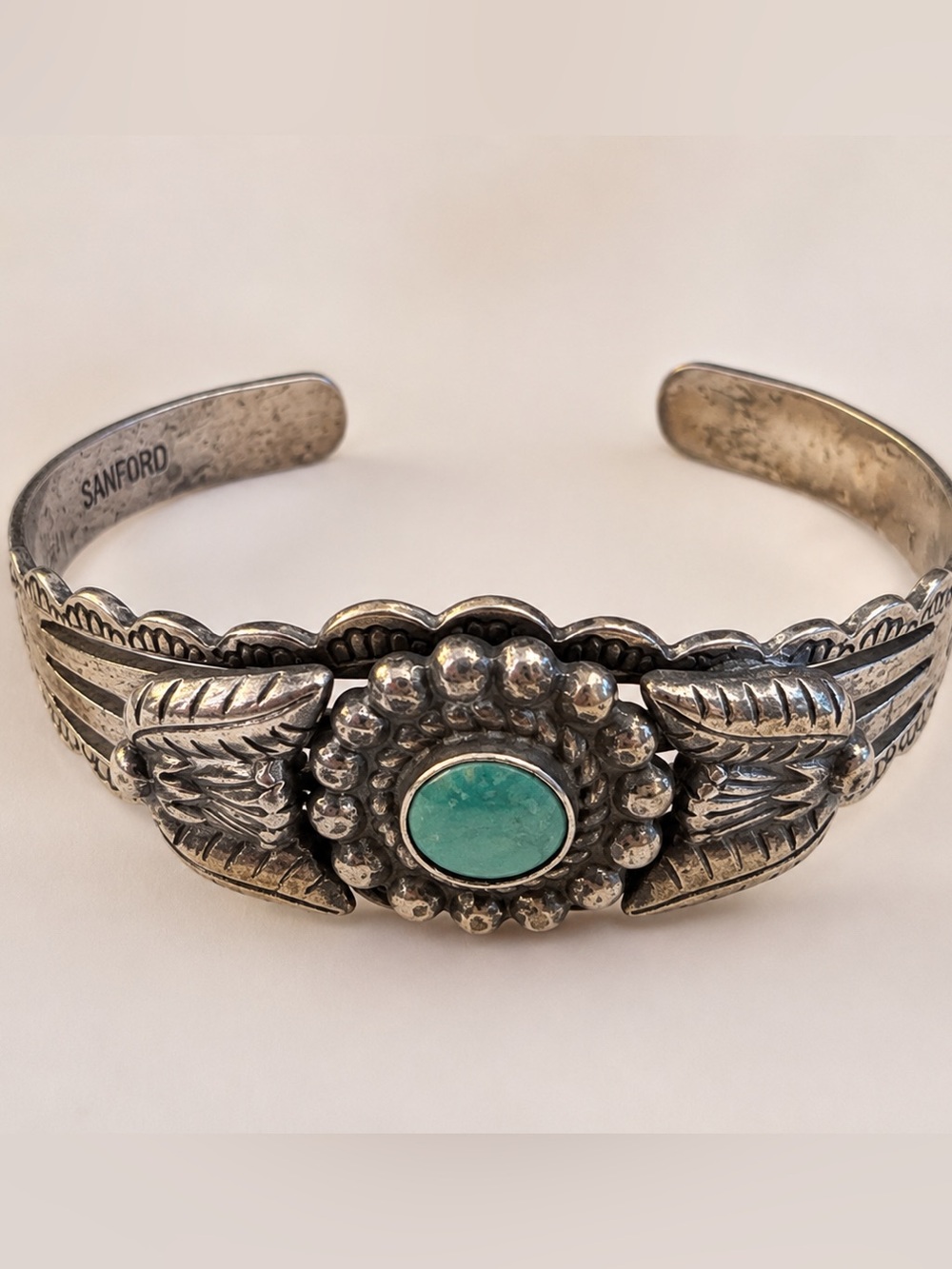 Vintage Sanford Southwestern Cuff Bracelet – Turquoise Stone Silver Tone Piece